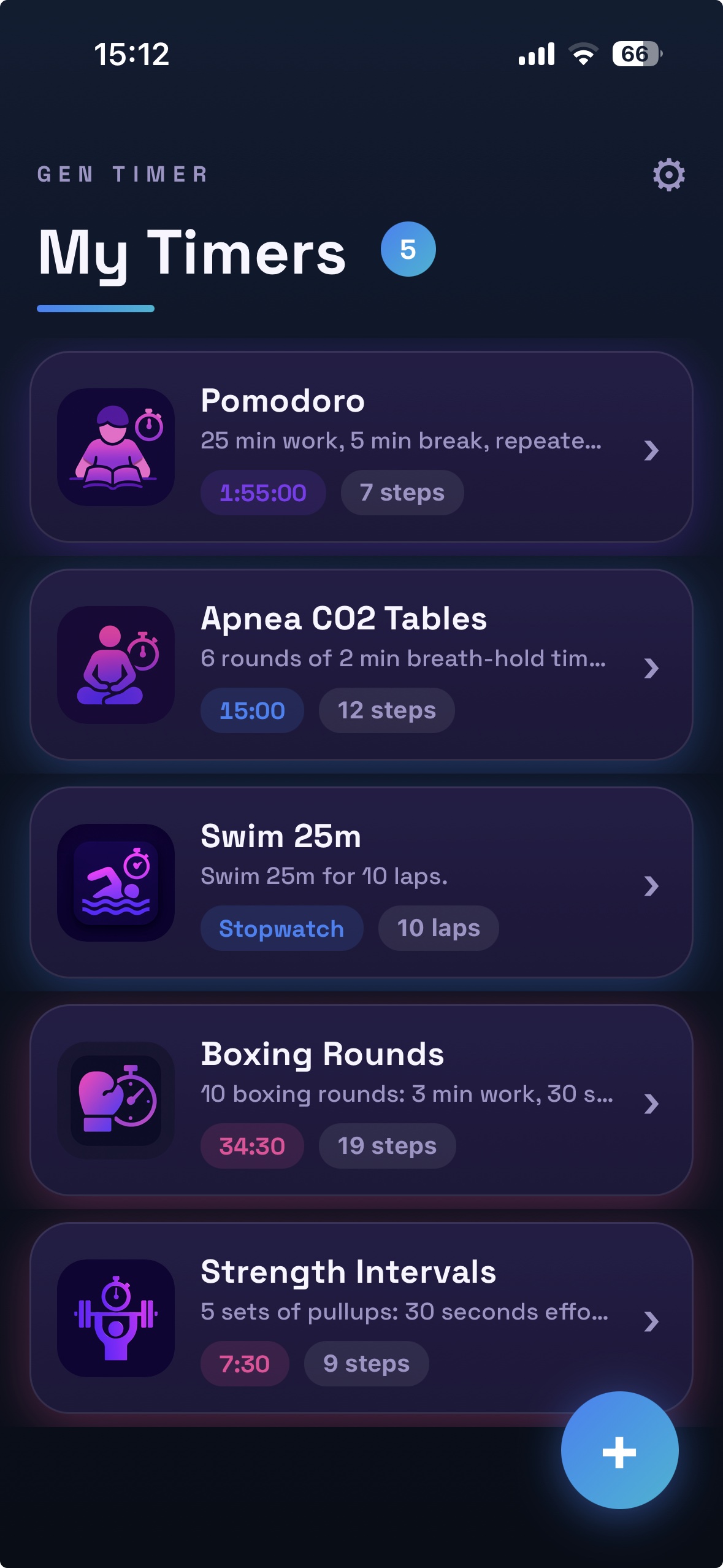 Gen Timer app showing a list of interval timers